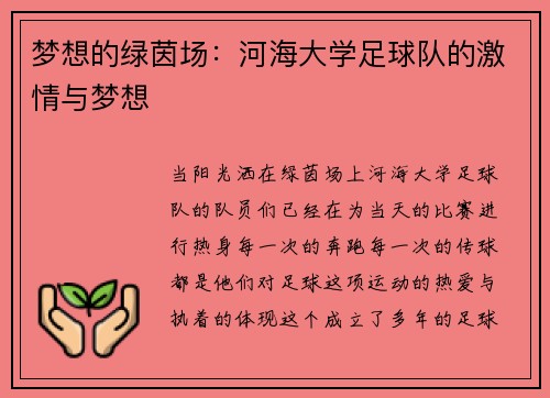 梦想的绿茵场：河海大学足球队的激情与梦想