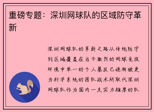 重磅专题：深圳网球队的区域防守革新