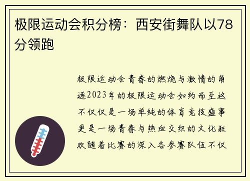 极限运动会积分榜：西安街舞队以78分领跑