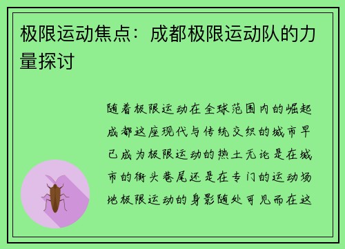 极限运动焦点：成都极限运动队的力量探讨