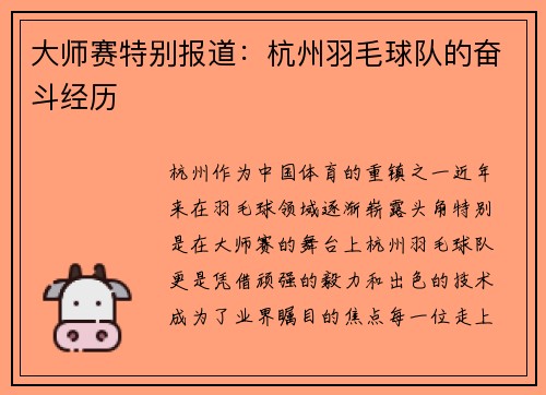 大师赛特别报道：杭州羽毛球队的奋斗经历